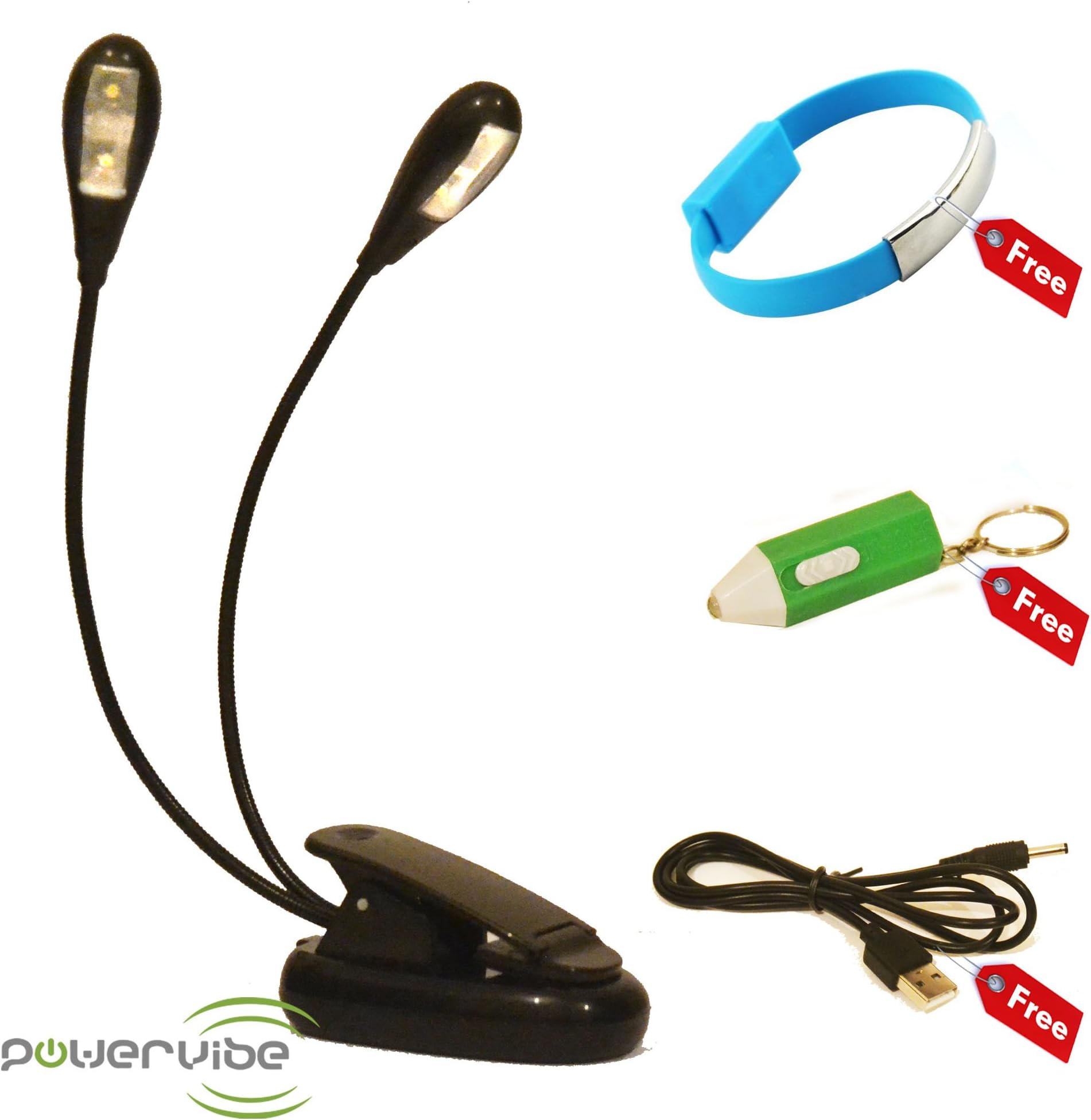 LED Book Light By Powervibe, Portable and Flexible Clip On Desk Reading Lamp, FREE Micro USB Bracelet, FREE Keyring Light, FREE USB Cord Included