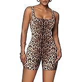 VJHX Leopard Cheetah Print One Piece Shorts Jumpsuits for Women Elegant Bodycon Rompers Sexy Club Workout Yoga Short Bodysuit