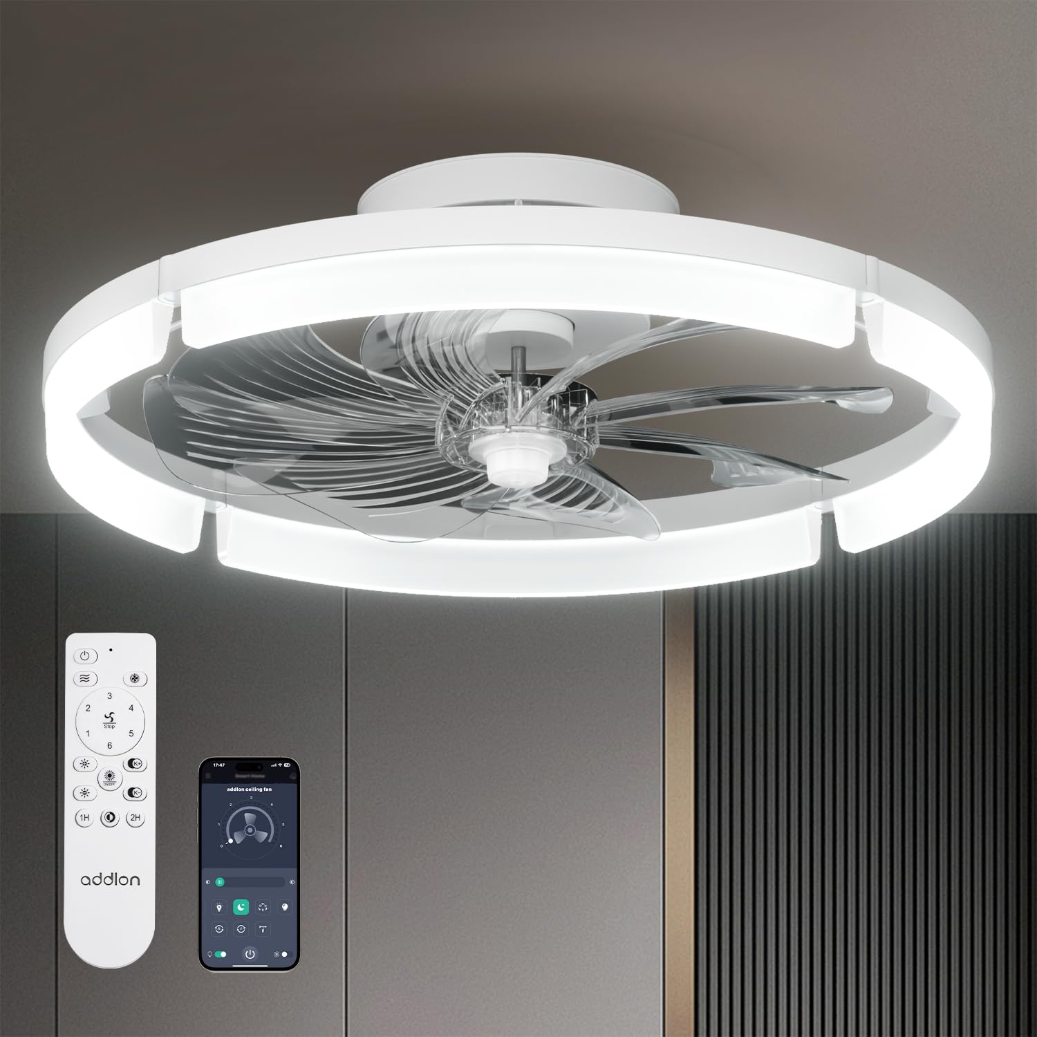 addlon Ceiling Fans with Lights and Remote, 20'' Low Profile Ceiling Fans, 3000-6000K Dimmable Modern Flush Mount LED Fan Light, Fandelier Ceiling Fan for Bedroom, Kitchen, Living Room, White Image