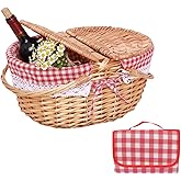 GOVNPJ Wicker Picnic Baskets, Country Vintage Picnic Basket with Picnic Cloth Split Lid Picnic Basket, with Folding Handle Picnic Hamper for Picnic Hiking Camping（13.78" D x 9.84" W x 6.69" H）