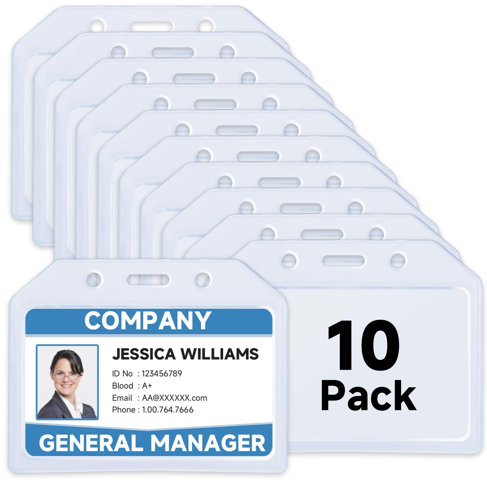 Teskyer 10 Pack ID Card Holder, Badge Holder, Extra Thick Plastic, Sturdy, Soft, Lanyard Card Holder, Transparent, Horizontal