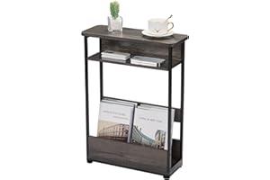 YEAKOO Vintage Narrow Side Table with Storage Shelf, 3 Tier Slim End Table Modern Sofa Table for Narrow and Small Spaces, Bedside Table Small Nightstand with Magazine Rack/Grey