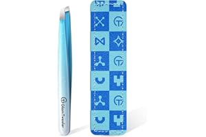 Expert Slant Tip Tweezers with Leather Case, GlamTweeler Sharp & Precision Stainless Steel Tweezer for Eyebrows, Facial Hair and Fine Hairs Removal (Sparkle Blue & Silver)