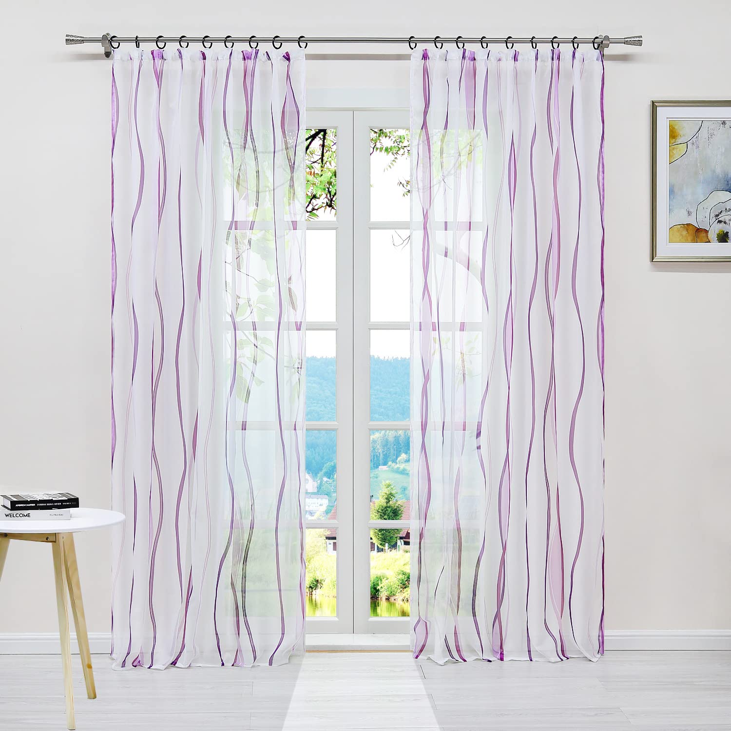 ESLIR Curtains with Ruffle Tape Transparent Tab-Top Curtain Waves Pattern Voile Purple W x H 140 x 245 cm Pack of 1