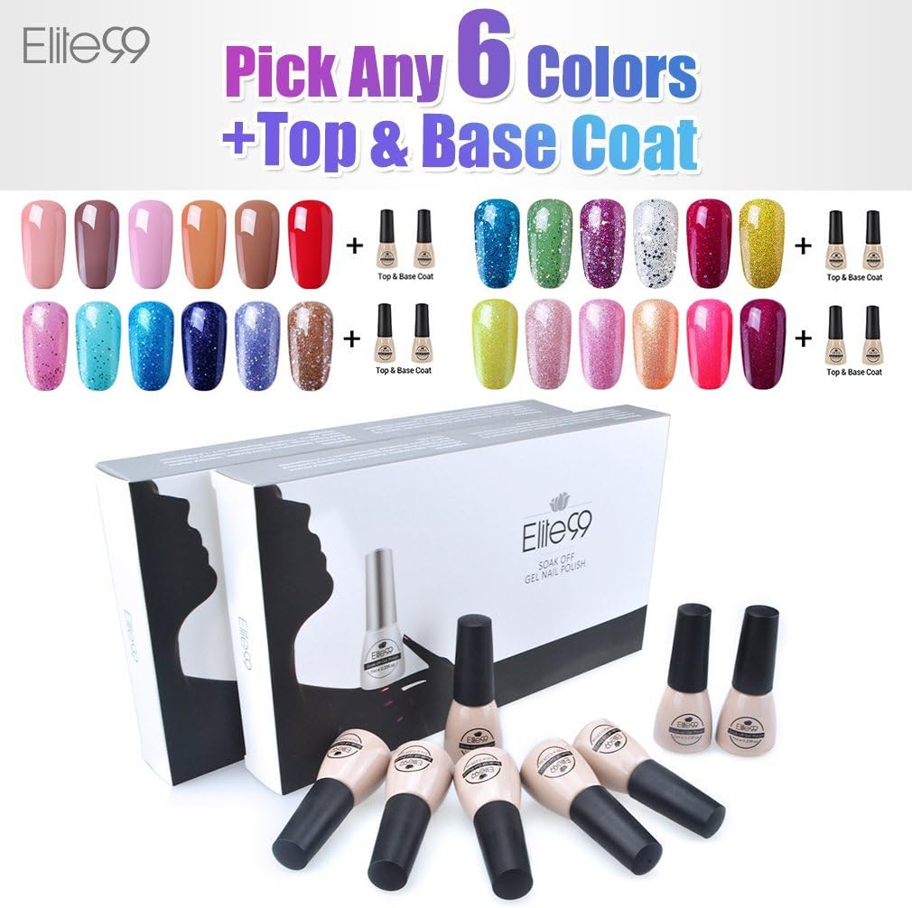Elite99 (Pick Any 6 Colors + Top Base Coat Set) Soak Off Gel Nail Polish Maniure Set Nail Art Decoration 7ML