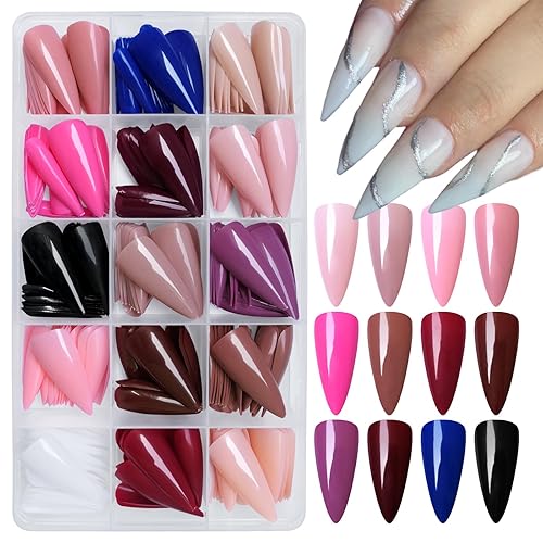 Bellelfin 360Pcs Long Stiletto Press on Nails, Glossy Colored Fake Nails Resuable False Nails Press ons 15 Colors Acrylic Stick on Nail with 5 Shttes Adhesive Tabs for Women Girls