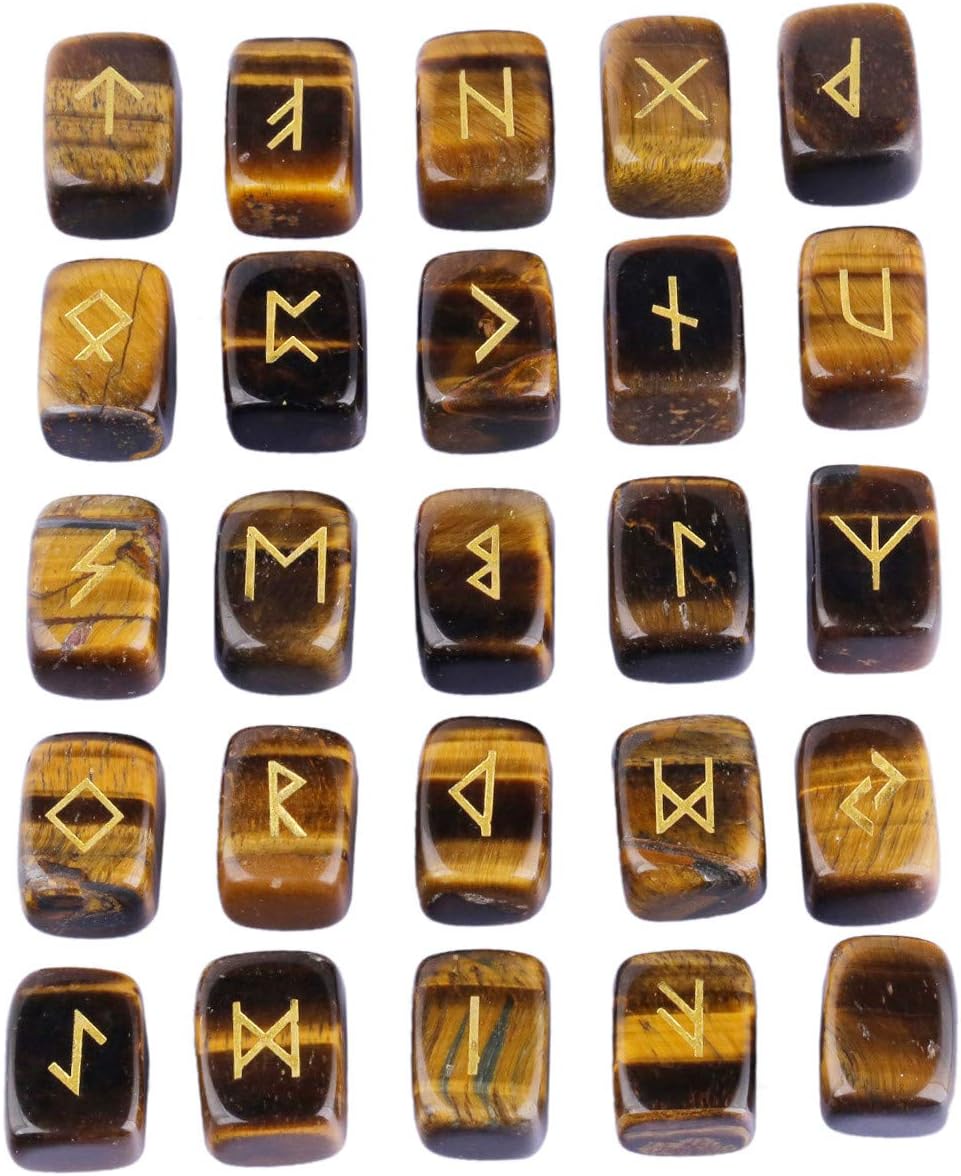 KYEYGWO Tiger's Eye Stone Witches Runes Set, Rune Stones with Engraved Elder Futhark Runic Alphabet for Divination Meditation Healing