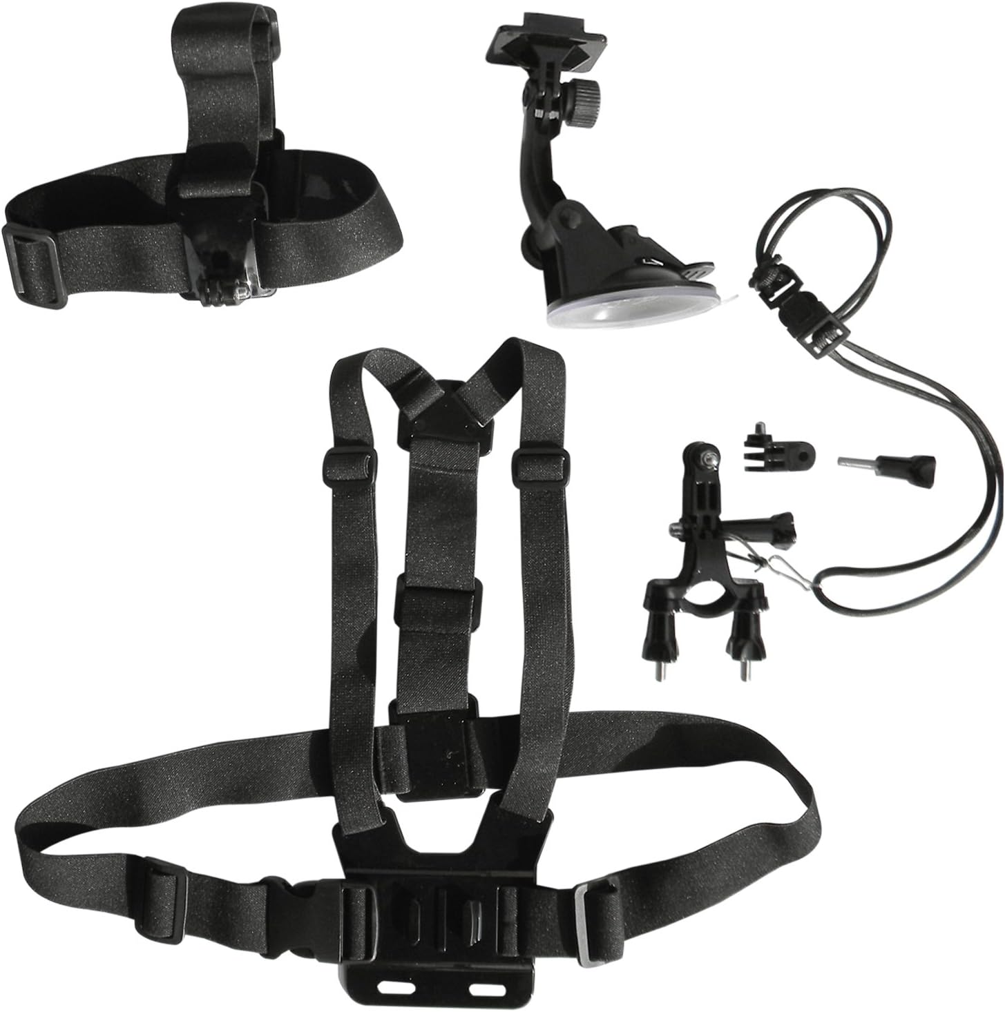 Gopro Accessories- Black Mount Kit Bundle W/straps for Hero 4+,4,3+,3,2,1-silver,white Edition. Use on All Sports, Handlebars, Motorcycle/bike,helmet/head, Chest Harness- Never Lose Mount w/Exclusive Tether kit AnchorProp-Reinforced Knob Nuts