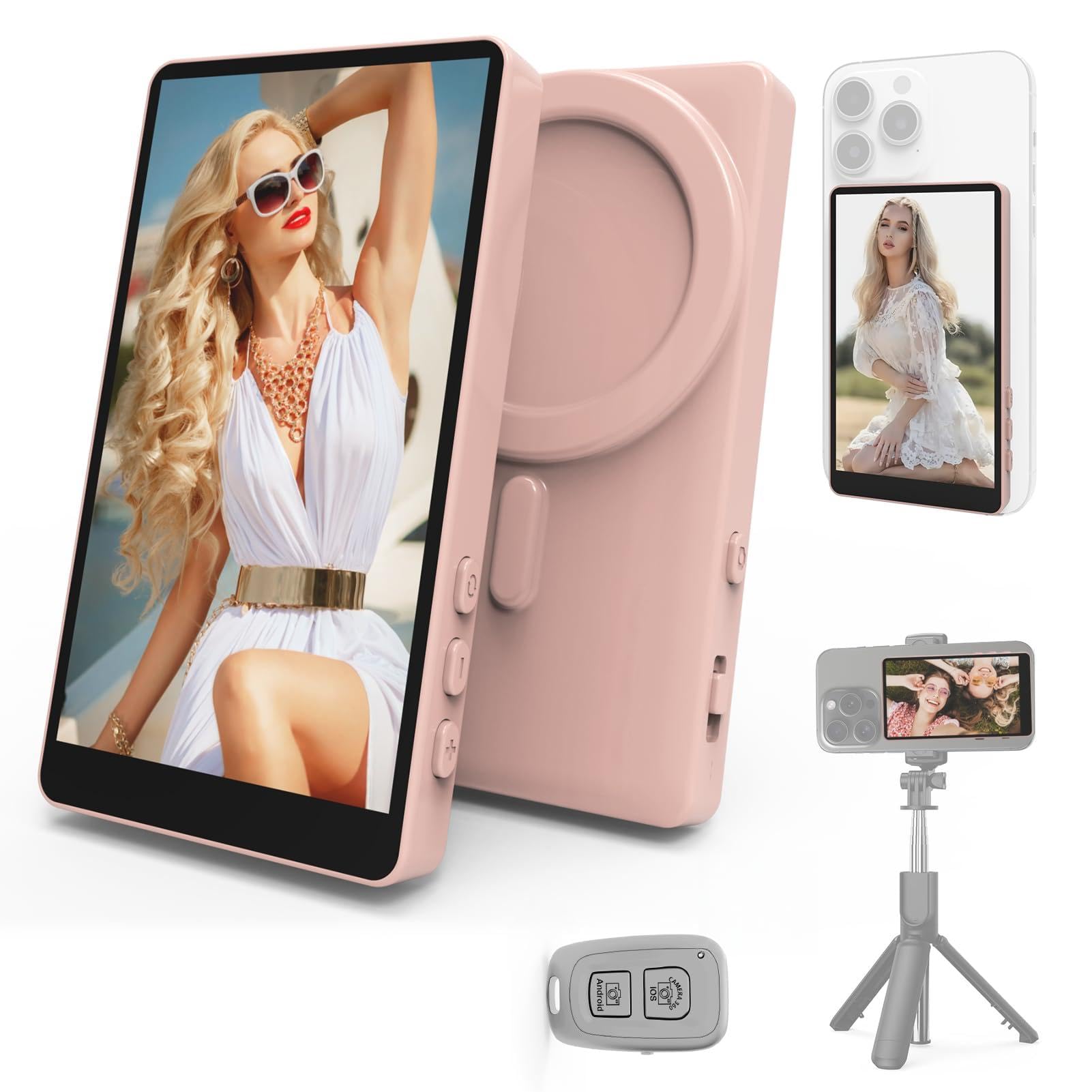 Photo 1 of Vamvo Selfie Monitor Screen, Vlog Magnetic with Remote Control, 1080P Wireless Screen Mirroring Video Recording for Android iOS, for Content Creator, Live Stream & TikTok (Pink)