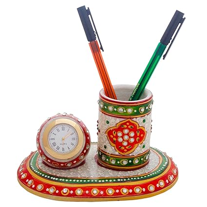 The Gift House New Year Gift Meenakari Marble Pen Stand n Table Clock