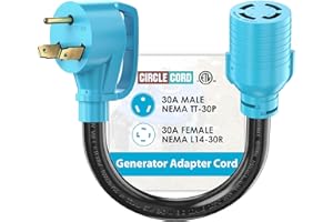 CircleCord NEMA TT-30P to L14-30R Adapter Cord, 30 Amp 3 Prong to 4 Prong Generator Plug Adapter, Generator Transfer Switch Adapter, Generator to House Inlet Box, STW 10 AWG Blue, ETL Listed