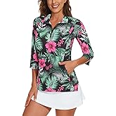 Viracy Women's Golf Shirts 3/4 Sleeve Sun Protection Quarter Zip with Zipper Pockets Athletic Polo Workout Tops S-2XL