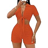 MSLG Women's Sexy 2 Piece Set Solid Summer Bodycon Suit Casual Tie Front Short Sleeve V Neck Crop Top Shorts Outfits Sets S42