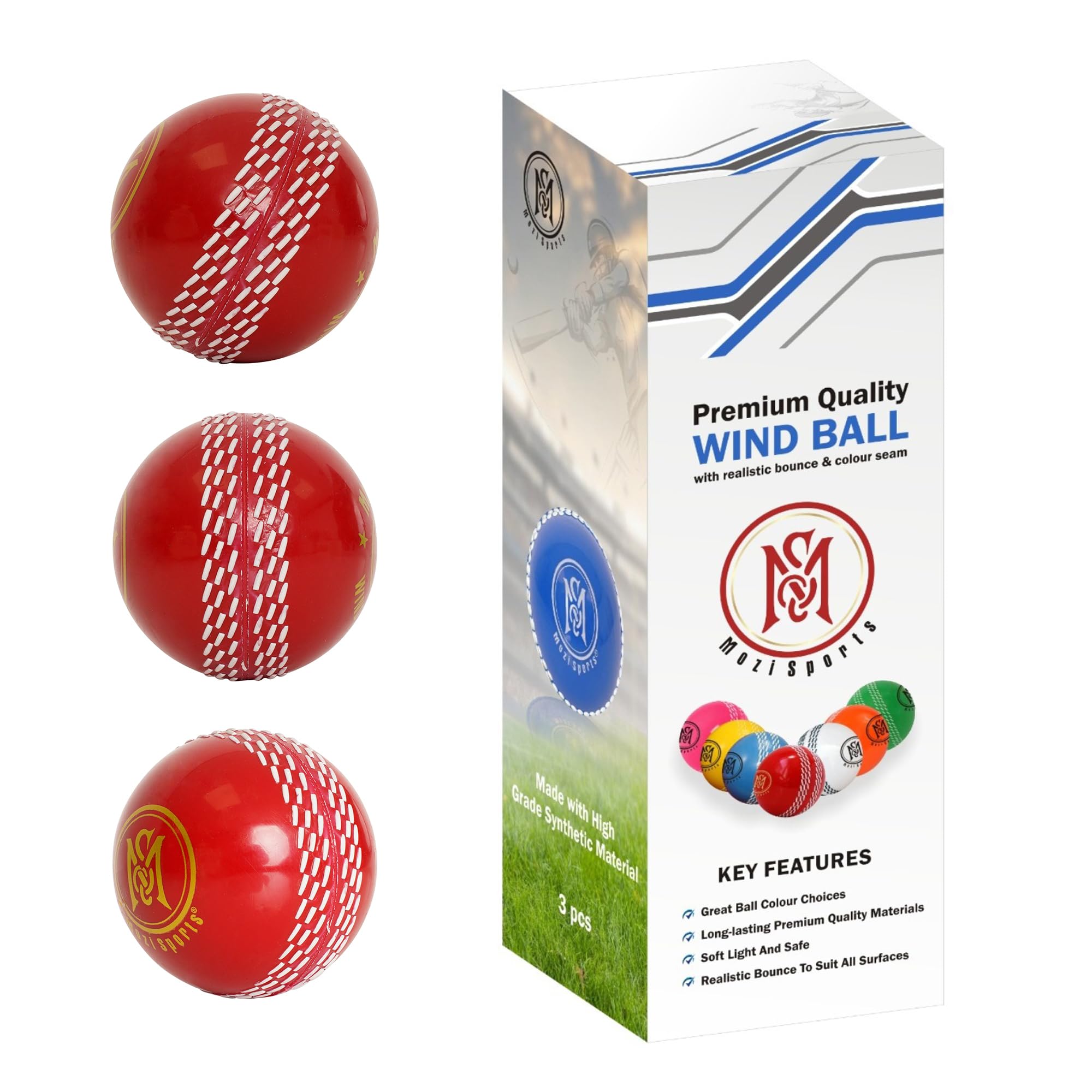 Mozi Sports Windball Soft Cricket Balls-Durable Realistic Bounce & Swing-Cricket WindBalls for Indoor & Outdoor Coaching, Practice, Garden & Beach play (3x Wind Red Balls)