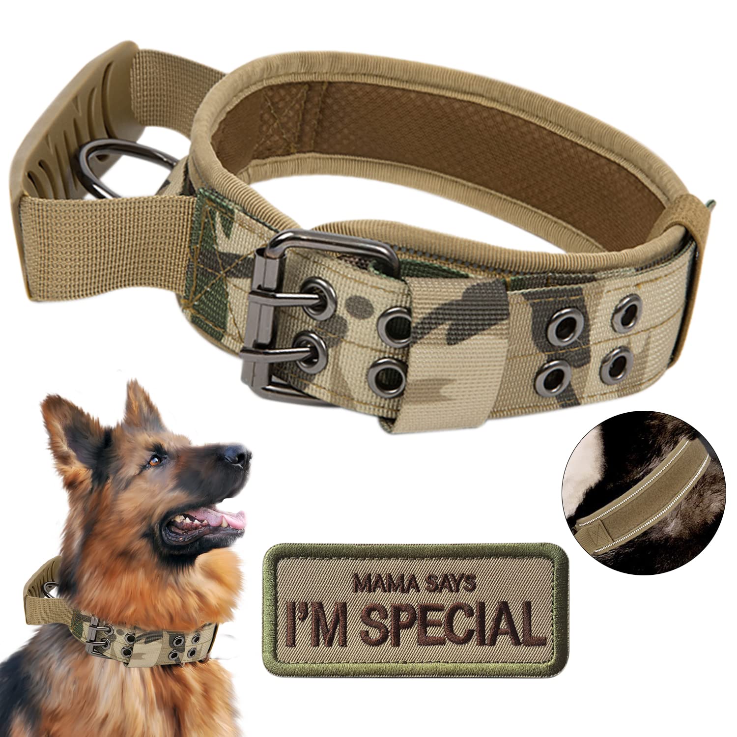 Upgrade Tactical Dog Collar - Military Nylon Adjustable Training Collar Reflective Dog Collar with Handle and Heavy Duty Metal Buckle for Medium Large Dogs (Camo, XL)