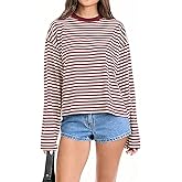 Women Long Sleeve Shirt Crew Neck Drop Shoulder Cropped Striped Sweatshirt Oversized Pullover Grunge Top Streetwear