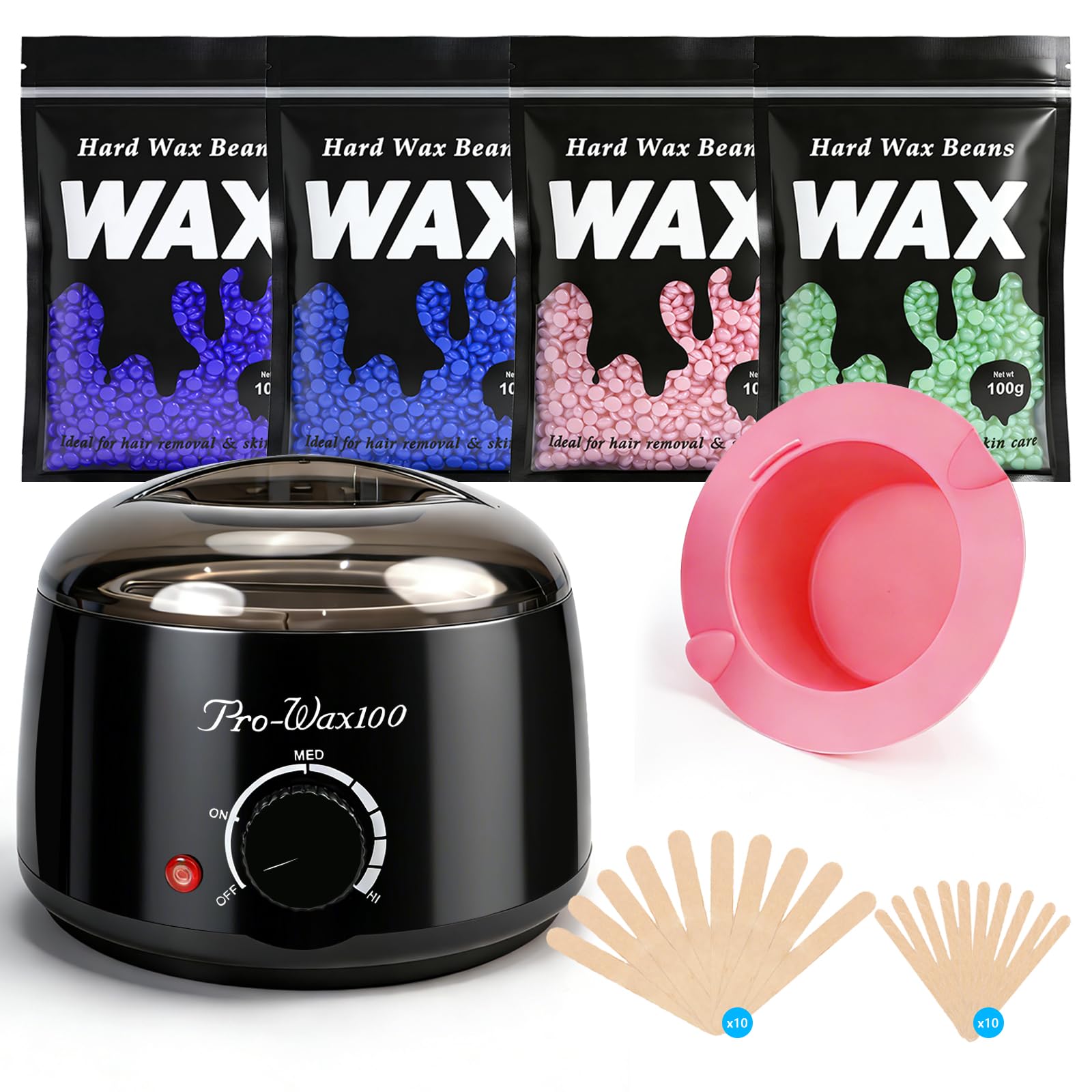 Hair Removal Waxing Kit Wax Heater Wax Warmer with 4 Packs of Hard Wax Beads 20 Spatulas,5 Bowl,Painless at Home Wax Kit Hair Removal Kit with Handle Pot 500ml for Paraffin Soft Wax Cream