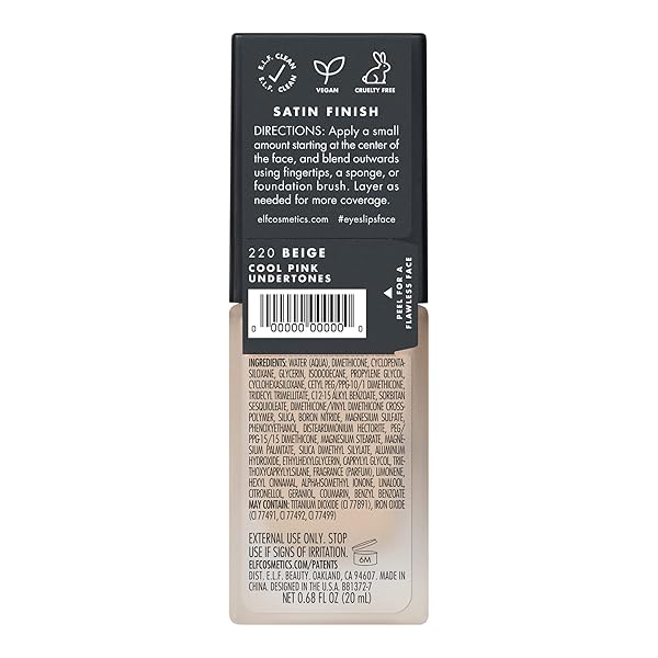 E.L.F. FLAWLESS FINISH FOUNDATION, IMPROVES UNEVEN SKIN TONE, LIGHTWEIGHT, MEDIUM COVERAGE & SEMI-MATTE, VEGAN & CRUELTY-FREE, BEIGE 0.68 FL OZ