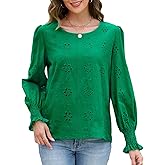 Women's Blouses Long Sleeve Embroidered Eyelet Tops with Lining Dressy Sheer O Neck Cotton Shirts Elegant Blouses 2025