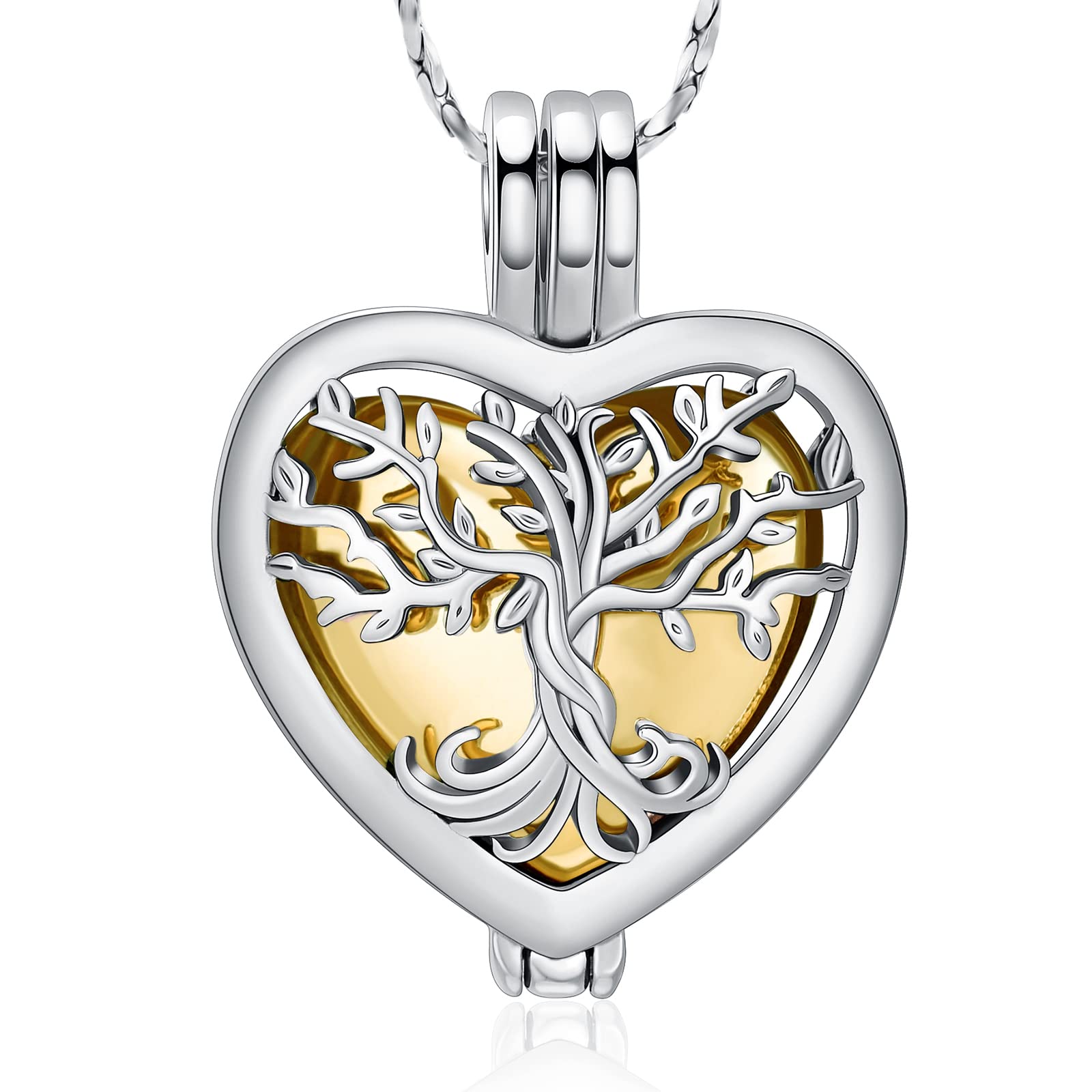 Tree of Life Urn Necklaces for Ashes Heart Shape Cremation Jewelry Memorial Keepsake Jewelry Gifts for Women Men Memorial Lockets Ashes Holder for Pet (Silver-gold)