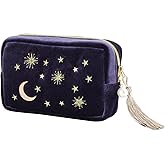 Handy cosmetic makeup bag,Navy Velvet Embroidered Applique Moon Stars Cosmetic Bag,Starry Makeup Pouch with Tassels & Pearl Zipper,Beautician Storage Bag