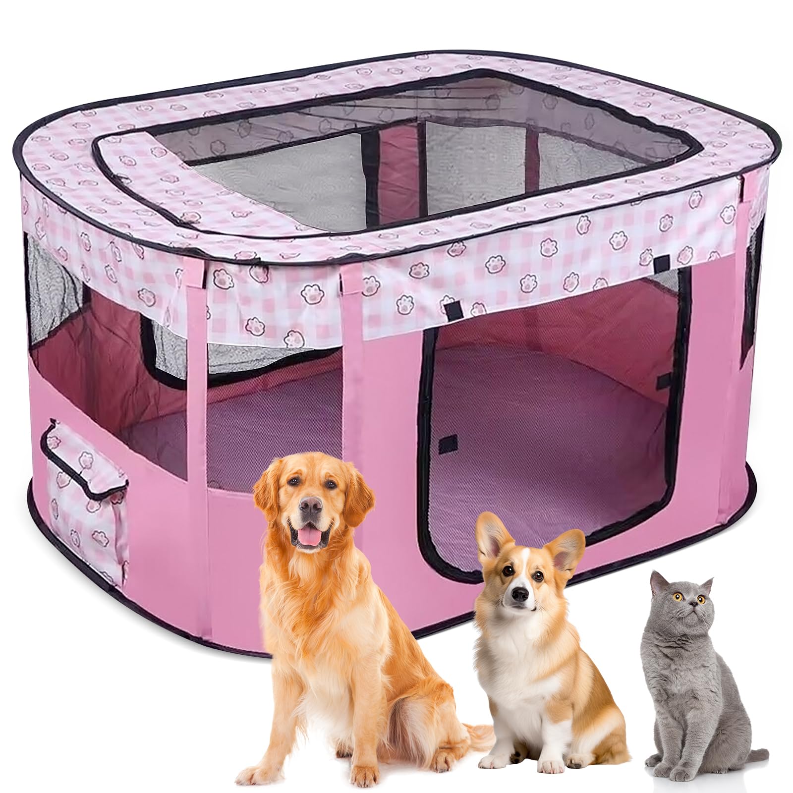 MeYuxg Foldable Dog Fences, Pink, 80 x 60 x 55 cm Rectangular Playpen for Puppies, Cats, Rabbits, M (Pink)