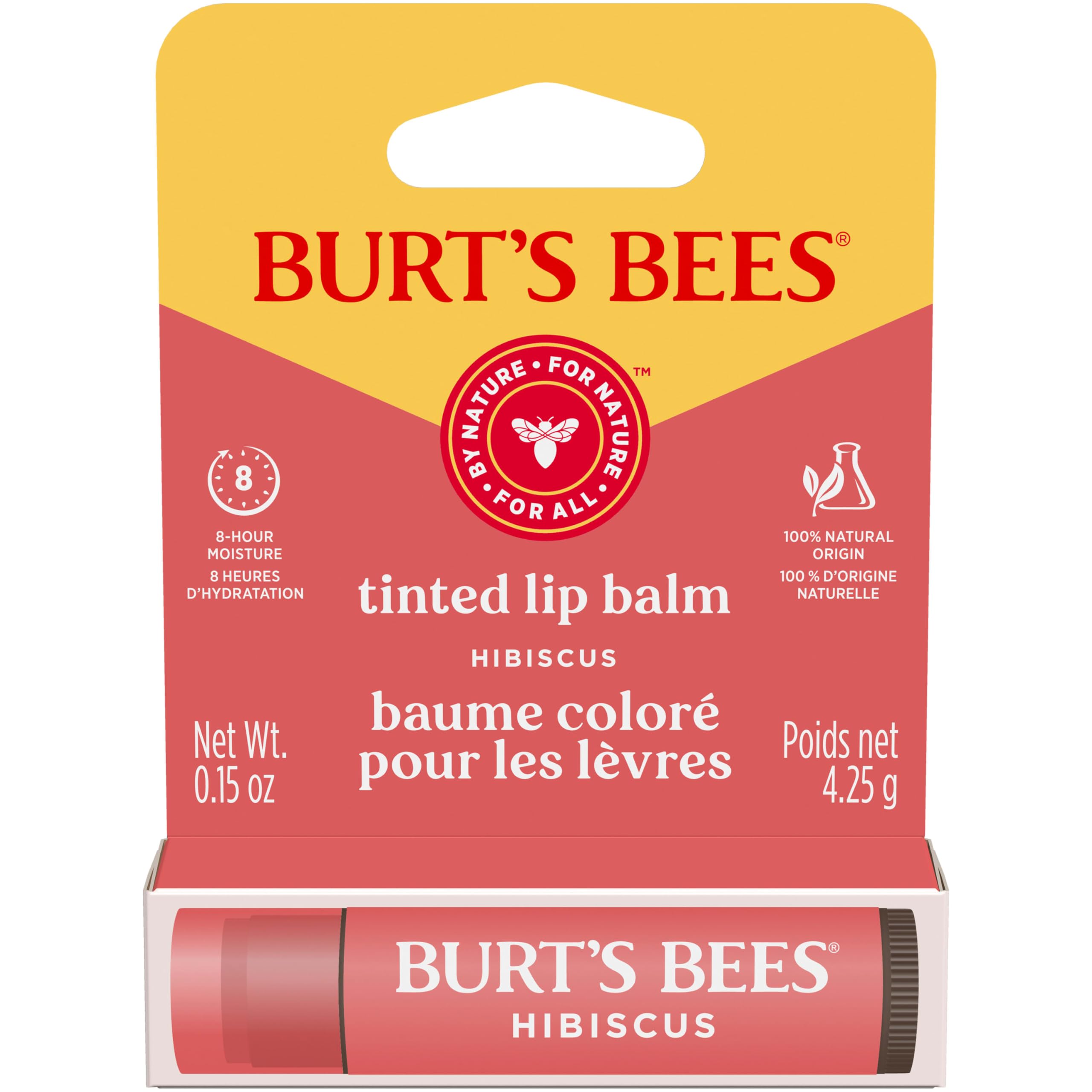 Burt's Bees Lip Tint Balm, Long Lasting 2 in 1 Duo Tinted Balm Formula, Color Infused with Hydrating Shea Butter for a Natural Looking Buildable Finish, Hibiscus, 1 Tube