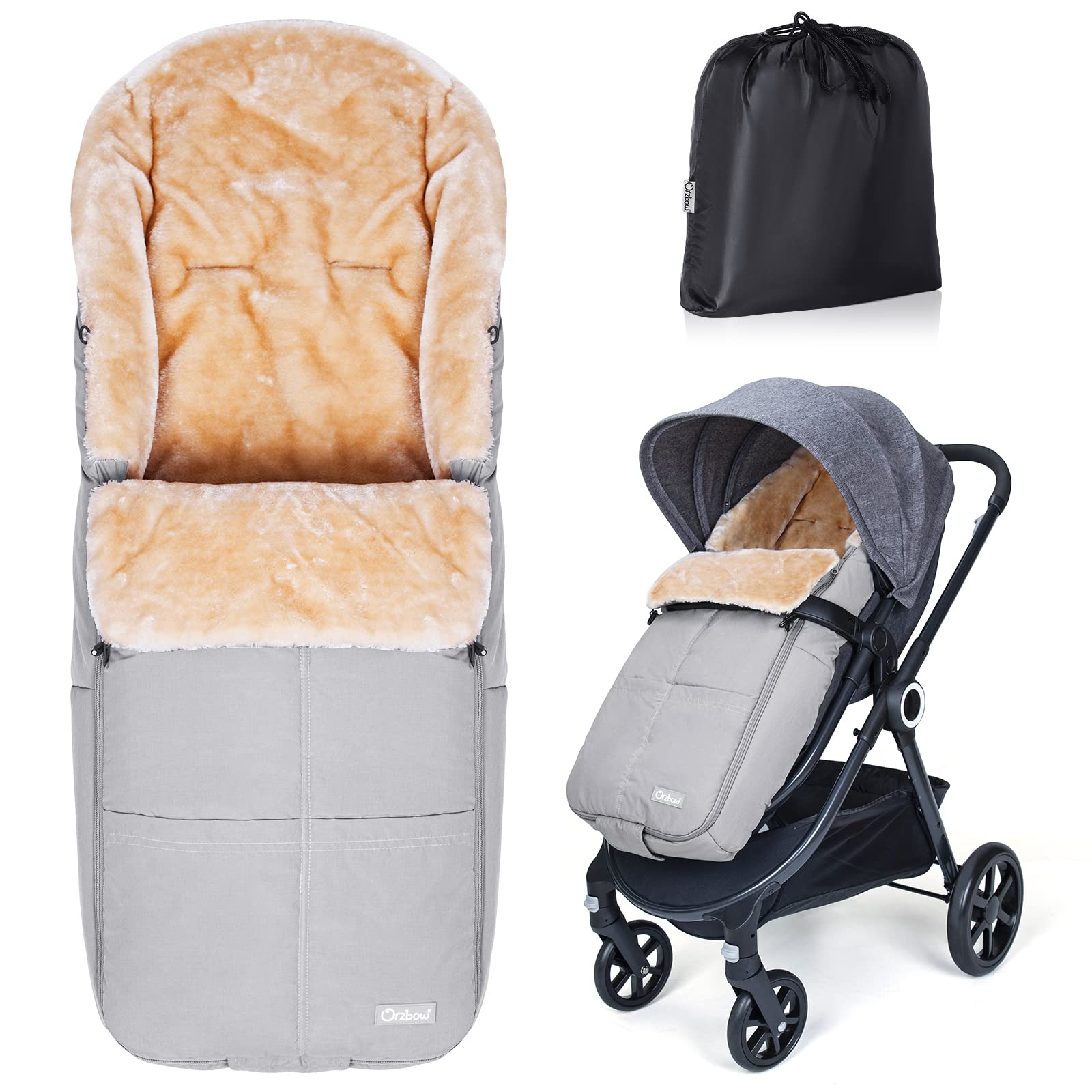 Orzbow Footmuff for Pushchair Universal, Waterproof Cosy Toes for Buggy Universal with Warm Faux Sheepskin, Removable and Machine Washable, Zipper for Easy Access, Pockets for Storage (Light Grey)