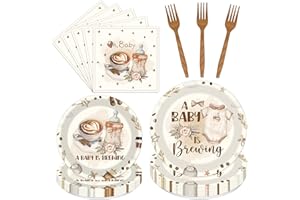 Yoyuspy A Baby Is Brewing Baby Shower Decorations - 96PCS Baby Is Brewing Party Plates Napkins and Forks Disposable Tableware Set, Coffee Baby Shower Gender Reveal Supplies Decor, Serve 24