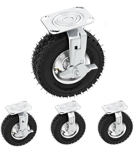 4-Pack Flat Free Caster Set – 10 Inch, 600 Lb Capacity – 2 Swivel With Brake, 2 Rigid – Industrial Grade, Assembled In USA