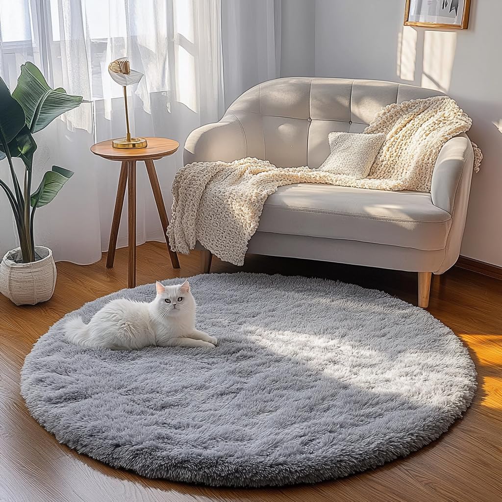 Tenekee Round Rugs for Bedrooms Fluffy Living Room Circle Area Rug Soft Shaggy Carpet for Kids Room Floor Mat(Grey, 160cm)