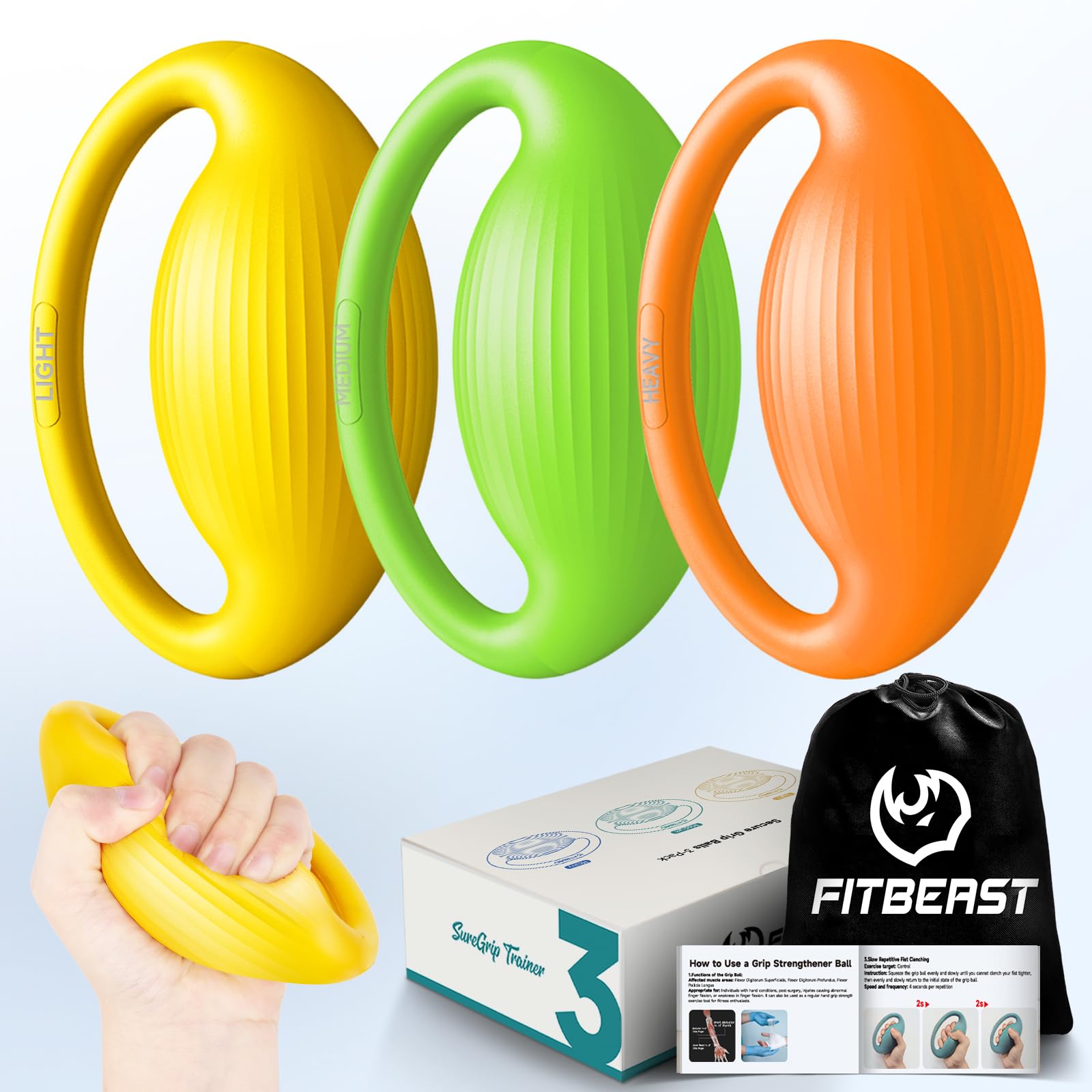 FitBeast Hand Exercise Balls - 3 Resistance Levels Hand Therapy Balls Set, Grip Strength Trainer for Rehabilitation & Muscle Building (3 Piece Set -Yellow Green Orange)