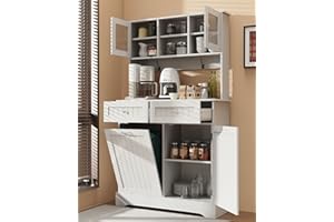 YOCONYO Tilt Out Trash Cabinet,Storage Cabinet,Two Solid Wood Hideaway Trash Holder Drawers,Wooden Freestanding Recycling Cabinets,Trash Can for Kitchen,White