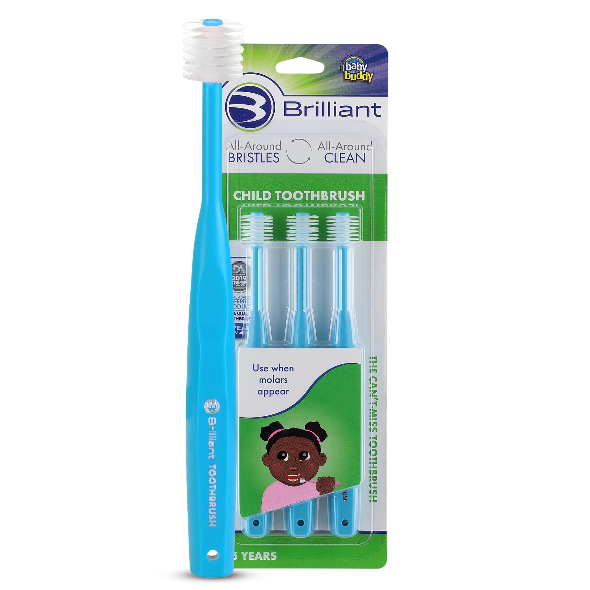 Brilliant Child Toothbrush by Brilliant Oral Care- for Boys and Girls Age 2-5 Years Old, When Molars Appear, Round Brush Head Cleans Whole Mouth, Full Mouth Toothbrush for Kids, 3 Count Set, Sky Blue