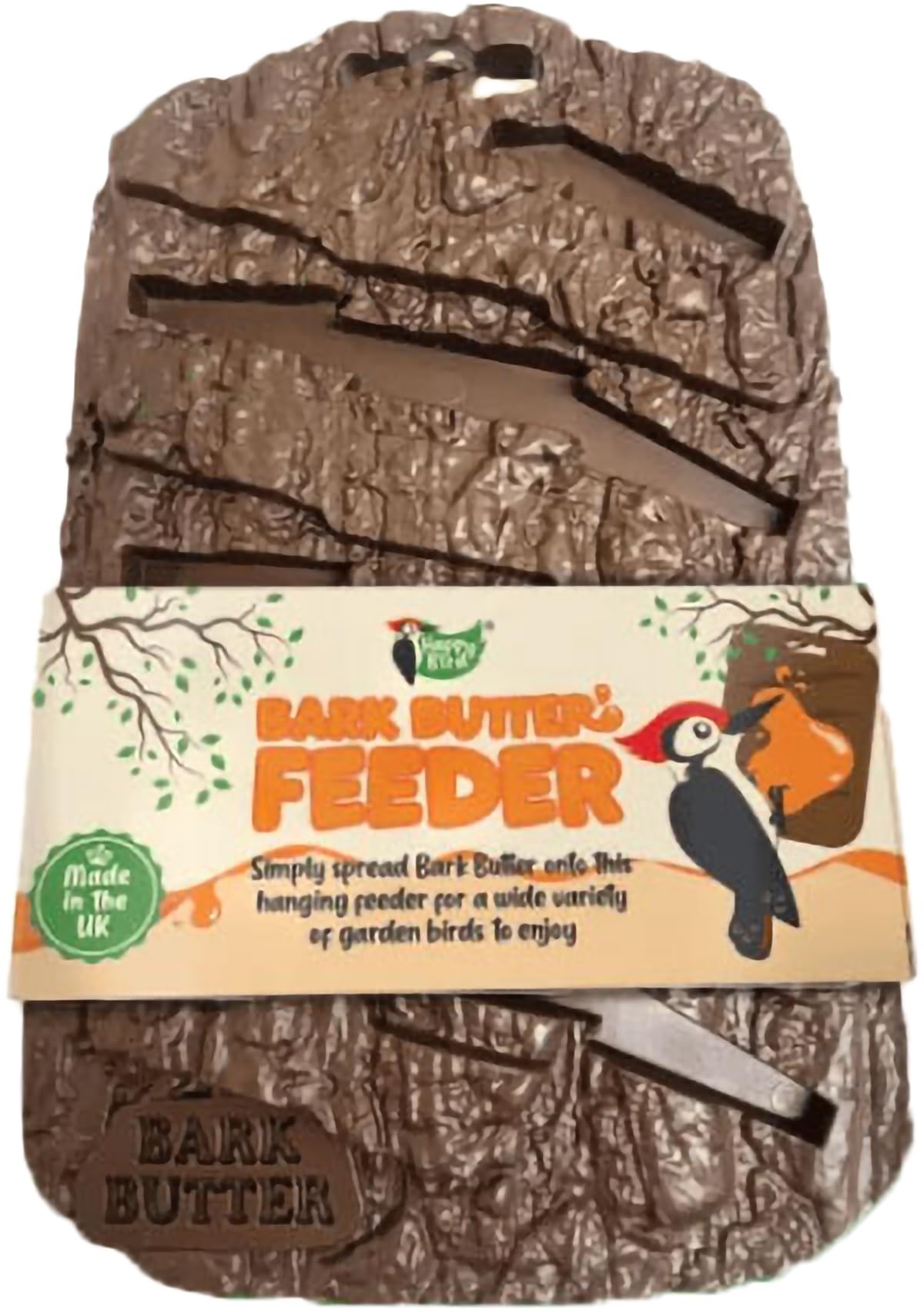 Happy Bird Bark Butter Feeder - Single, High-Density Plastic, Easy to Clean, Hanging Eyelet for Wild Bird Feeding, Brown