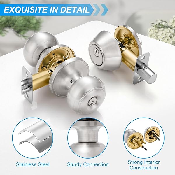 PLUSTOOL 4 PACK EXTERIOR DOOR LOCK SET, SATIN NICKEL DOOR KNOB AND DEADBOLT COMBO SET, KEYED ALIKE ENTRY DOOR KNOBS WITH LOCK&KEYS, ROUND BALL DOOR LOCKSETS WITH DEADBOLT FOR ENTRANCE AND FRONT DOOR
