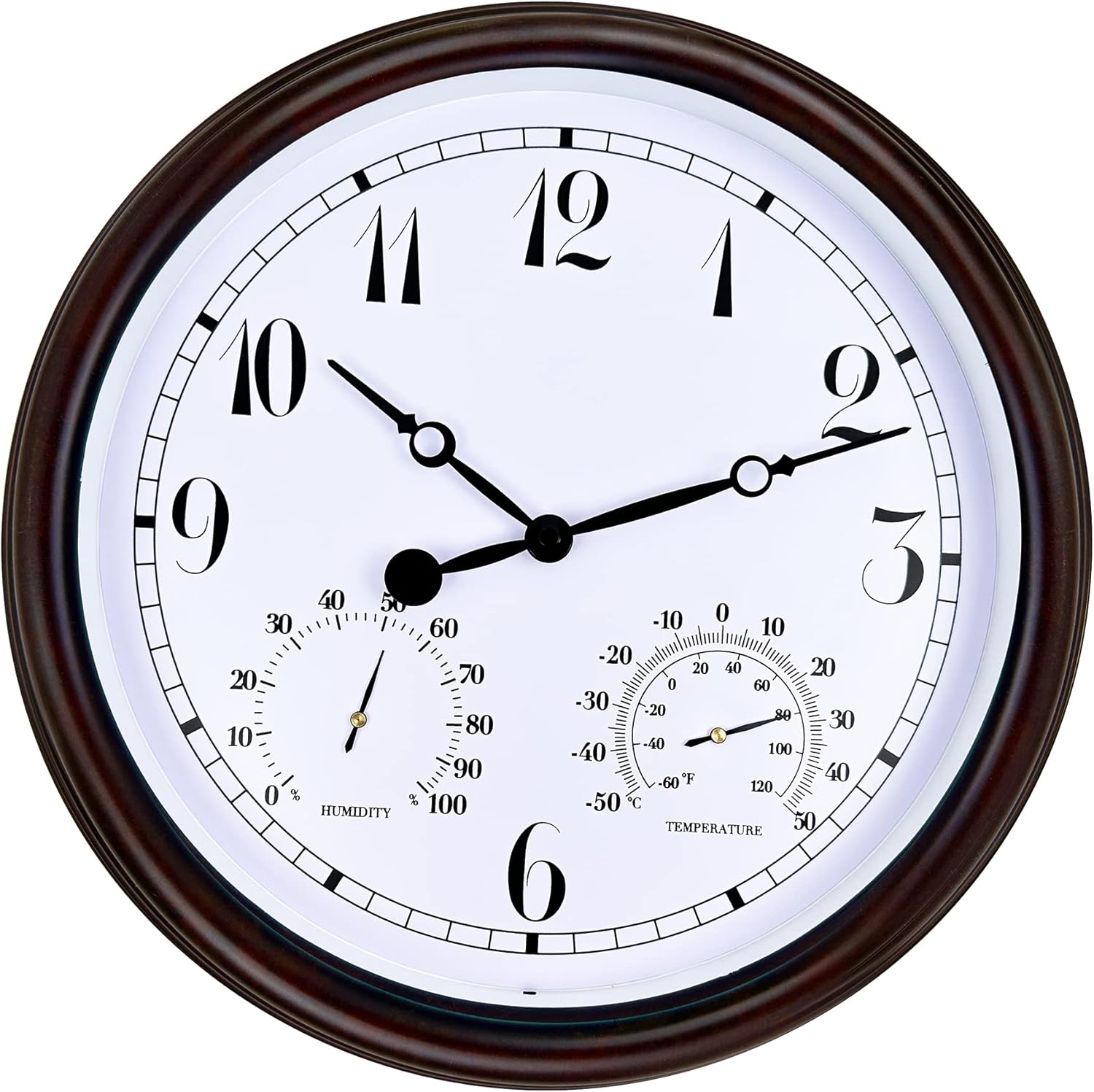 Outdoor Clocks - 15 Inch Indoor/Outdoor Waterproof Wall Clock, Outdoor Clock with Thermometer and Hygrometer Combo, Retro Round Silent Battery Operated Quartz Wall Clock for Patio Home Bathroom Porch Pool (Brown)