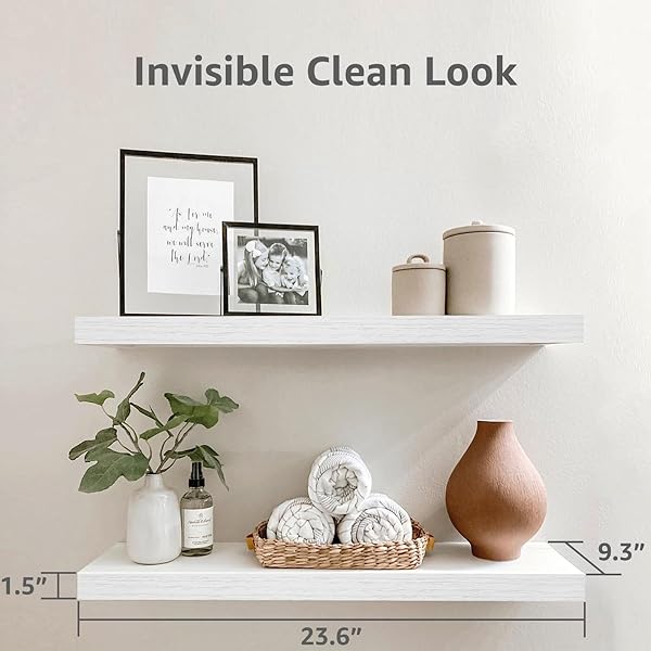 QEEIG FLOATING SHELVES FOR WALL 23.6″ LONG – WALL MOUNTED SHELF BATHROOM KITCHEN LIVING ROOM BEDROOM FARMHOUSE HOME DECOR DISPLAY BOOKSHELF LARGE 23.6 X 9.3 INCH SET OF 2, WHITE (008-60W)
