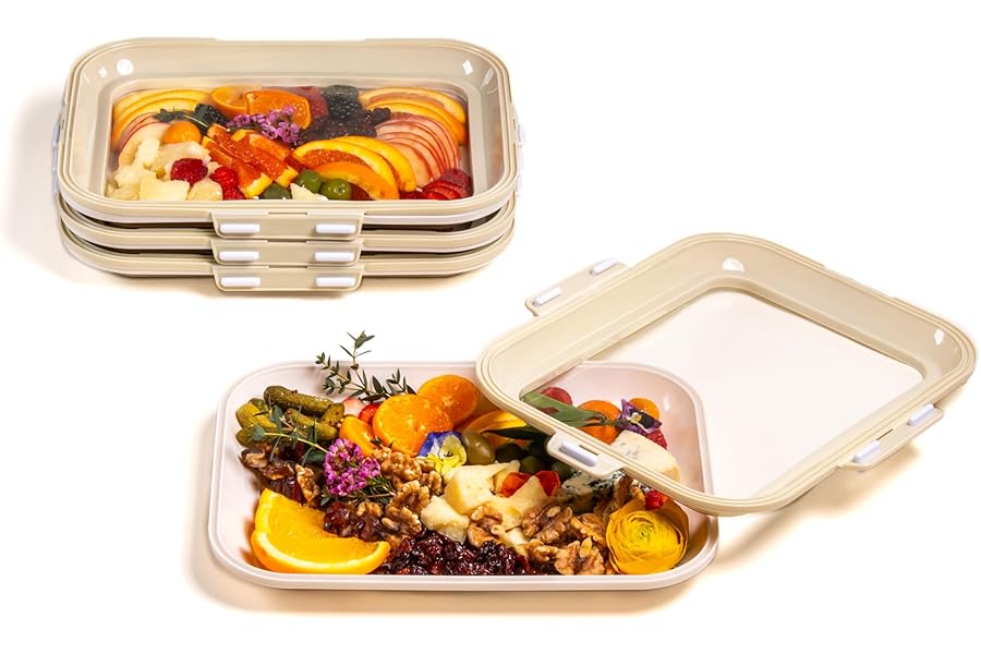 Crudités | Portable Snack Tray | Rectangle 4-Pack | Cream White | Reversible Stretch Lid Food Containers | BPA-Free, Freezer & Dishwasher Safe | Meal-Prep, Charcuterie, Salads, Picnic, Travel