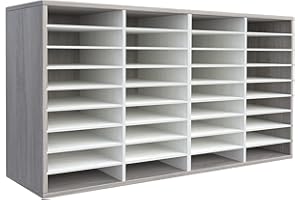 TQVAI Wood Adjustable Literature Organizer, 36 Slots Mail Sorter, Desktop Paper Storage Organizer, Classroom Keepers Mailbox, Mail Center for Home & Office, Retro Grey/White