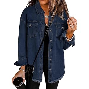 Oversized Jean Jackets for Women 2026 Distressed Frayed Hem Denim Shacket | denim jacket for women,shackets for women 2026,ov