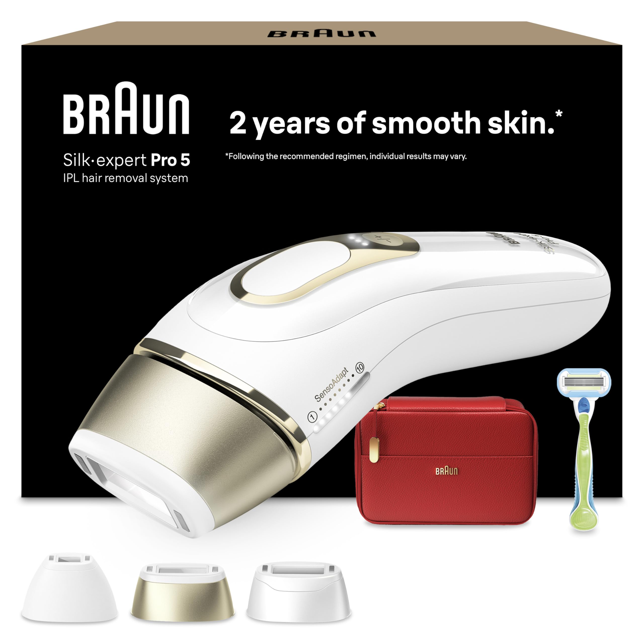 Braun IPL Geräte Haarentfernung Silk·expert Pro 5 — Dauerhaft und Schmerzfrei Haarentfernung für Zuhause — Inkl. Etui, Gillette Venus Rasierer, 3 Aufsätze, Designed in Germany — PL5262, Weiß/Gold
