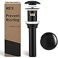 Ceramic Cap Sink Drain Strainer with Overflow, KES Black Bathroom Solid Sink Drain Stopper Pop Up Drains with Strainer Basket Ceramic Cap All-Metal Body Matte Black, S2018A-CB