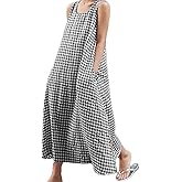 SEMATOMALA Women's Casual Loose Fit Cotton and Linen Plaid Tank Maxi Dress Summer Gingham Swing Long with Pockets