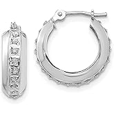 14k White Gold Diamond Hoop Earrings for Women, Channel Set Round Cut Diamonds, Classic Everyday Hoops, Fine Jewelry with Hinged Closure, Elegant Gold Earrings for Daily or Formal Wear 14x5 mm