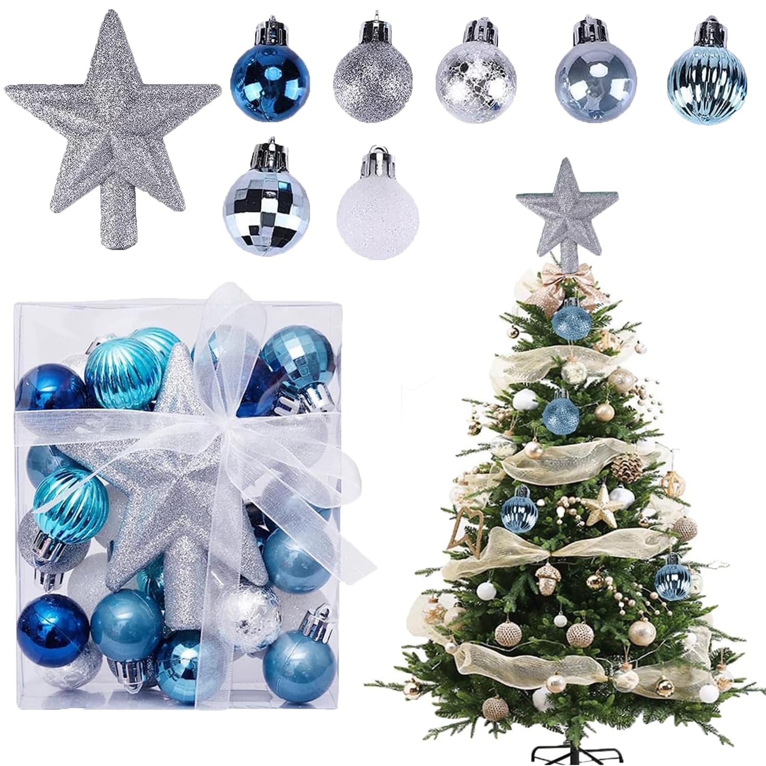 30pcs Mini Christmas Balls Ornaments Tree Top Star Gift Box Christmas Baubles Xmas Tree Pendant for Holiday Party Decorations Red Silver Gold Pink