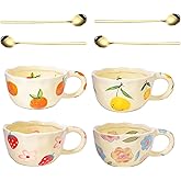 4 pcs Ceramic Coffee Mug 8.5oz Cute Floral Coffee Mug Retro Floral Cup with Handle Spoon Irregular Latte Art Cup Valentine's Day Gift Office Home Dishwasher and Microwave Safe (4-piece set A)