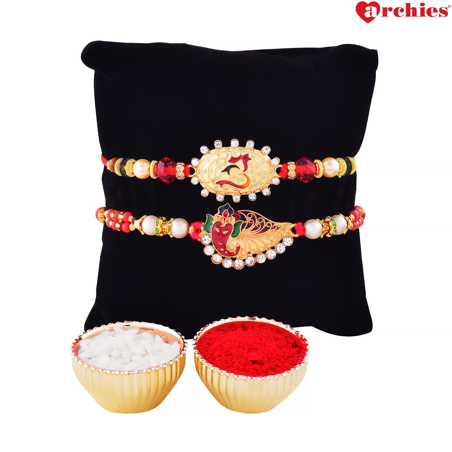 archies rakhi for brother, ganesh rakhi & designer om rakhi with roli tika- set of 3