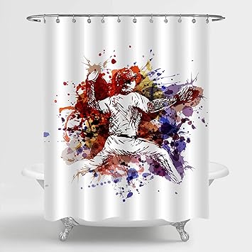 Mitovilla Baseball Shower Curtain Set With Hooks For Sports Themed Bathroom Decorations Colorful Baseball Player On White Backdrop Home Ornaments Unique Gifts For Baby Kids Teens Boy 72 W X 72 L