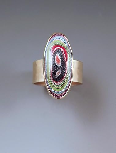 Amazon Com Fordite Detroit Agate Retro Bull S Eye Golden Statement Ring Merlin S Gold Nu Gold Fordite Ring Handmade